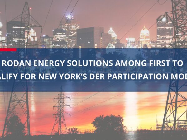 Image of a power grid with electric pylons at sunset with a hazy city skyline in the background. Overlay text states "Rodan Energy Solutions among first to qualify for New York's DER Participation Model"